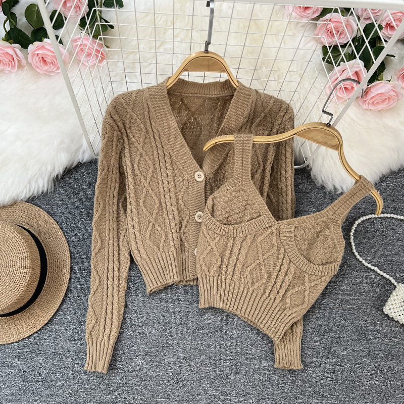 Damenbekleidung V-Ausschnitt verdrehte Strickjacke zweiteiliger Anzug für Damen im Frühjahr und Herbst neue Mode lässig einfarbiger Pullover Damenanzug_voghion.com