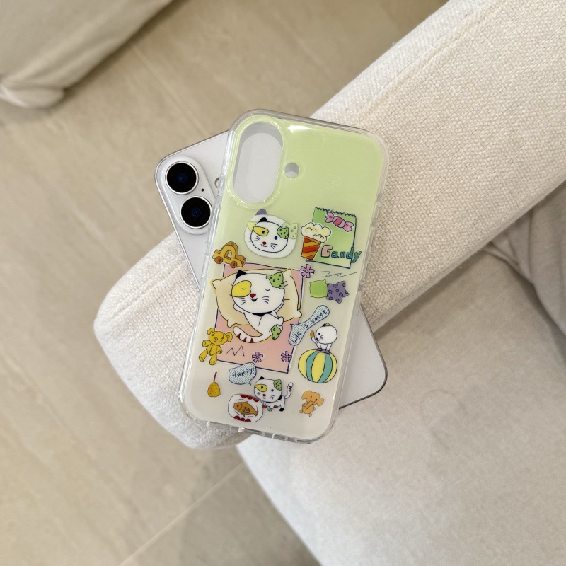Divertida ilustración de gatito verde lindo para Apple 15/14 funda para teléfono iphone16ProMax femenino 15Pro
