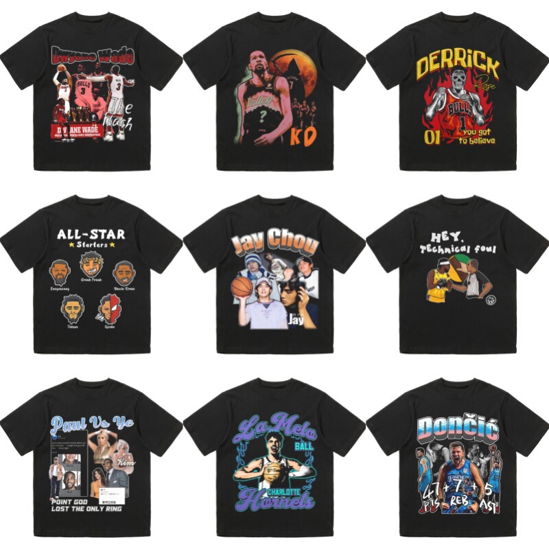 Summer American Short-Sleeved Jay Chou Wade Three-Ball Pattern Printed T-Shirt Heavy Loose Trendyy Half-Sleeved Summer