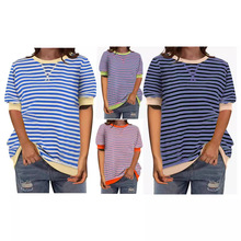 亚马逊女简约居家跨境休闲条纹花纹圆领短袖套头拼色T恤条纹拼色