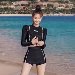 韓國新款高腰分體黑色長袖小平角保守修身顯瘦兩件套女士防曬泳衣