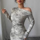 Cross-Border European and American Elegant Style Slanted Shoulder Long-Sleeved Women's Hip Skirt Suit Women's Clothing 2025 Summer Amazon Independent Station