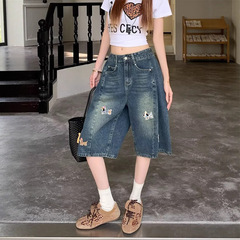 アメリカンレトロデザイン刺繍入り女性用デニムショートパンツ夏ルーズワイドレッグストレートパンツ小柄な人向け