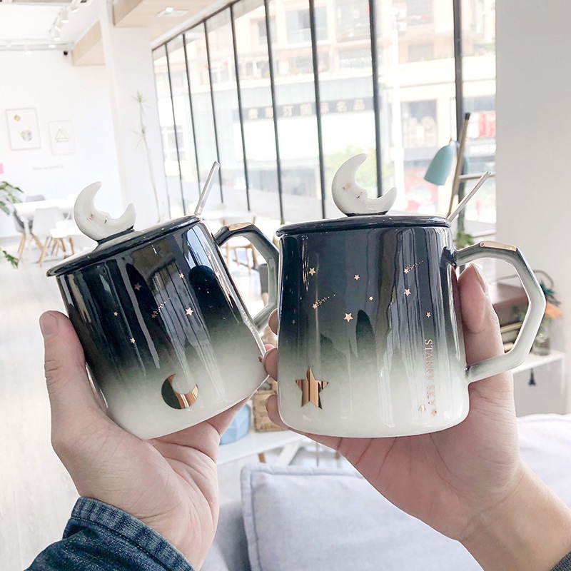 Luna estrellada personalizada taza de dibujos animados Estilo nórdico regalo cerámica café con tapa cuchara Oficina agua