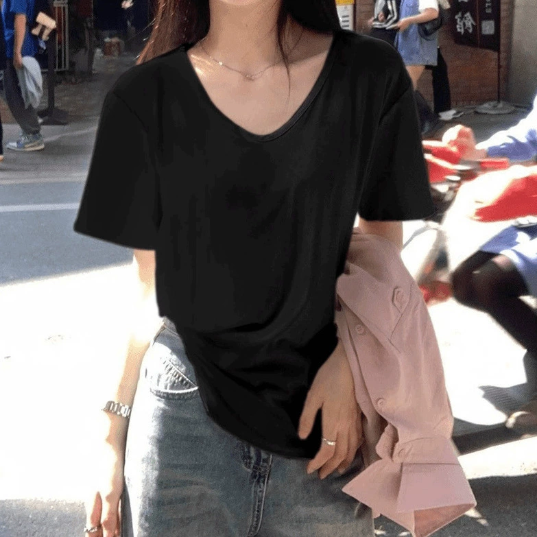 White summer T-shirt, with short sleeve, 2025 years, loose fit