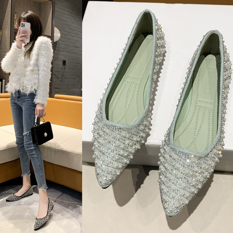尖头浅口单鞋女2023春季新款韩版珍珠水钻平底休闲软底百搭豆豆鞋