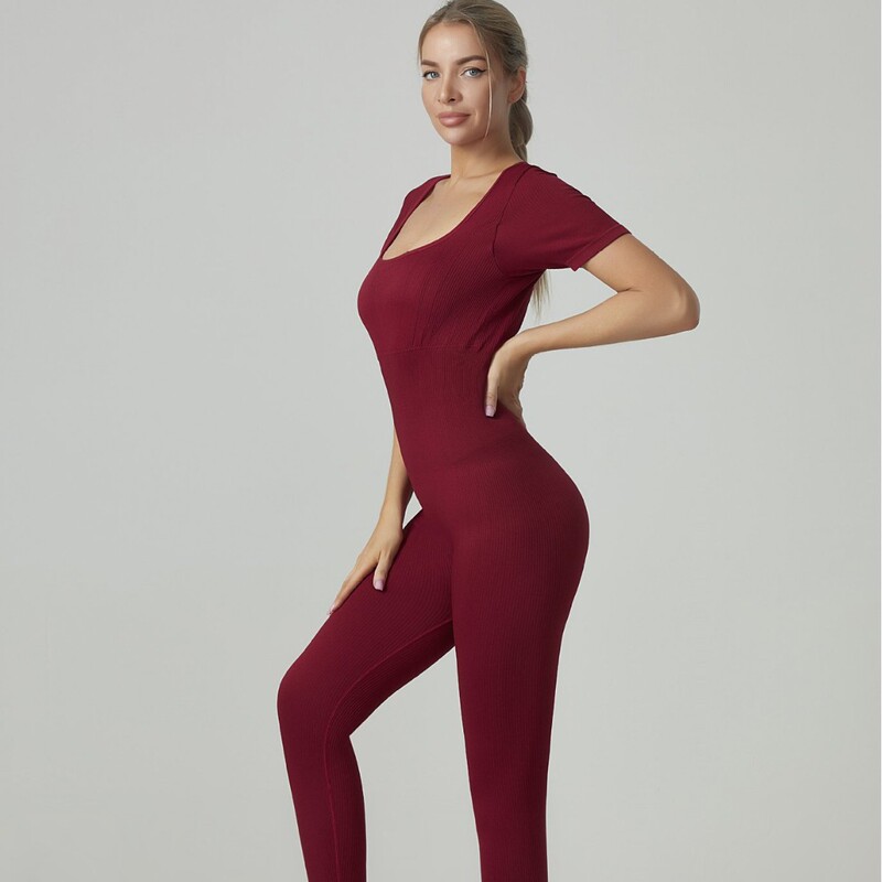 European and American Summer Tight-Fitting Seamless One-Piece Yoga Wear High-Intensity Ribbed Short-Sleeved Long Pants Sports Fitness Wear for Women European and American Summer Tight-Fitting Seamless One-Piece Yoga Wear High-Intensity Ribbed Short-Sleeved Long Pants Sports Fitness Wear for Women