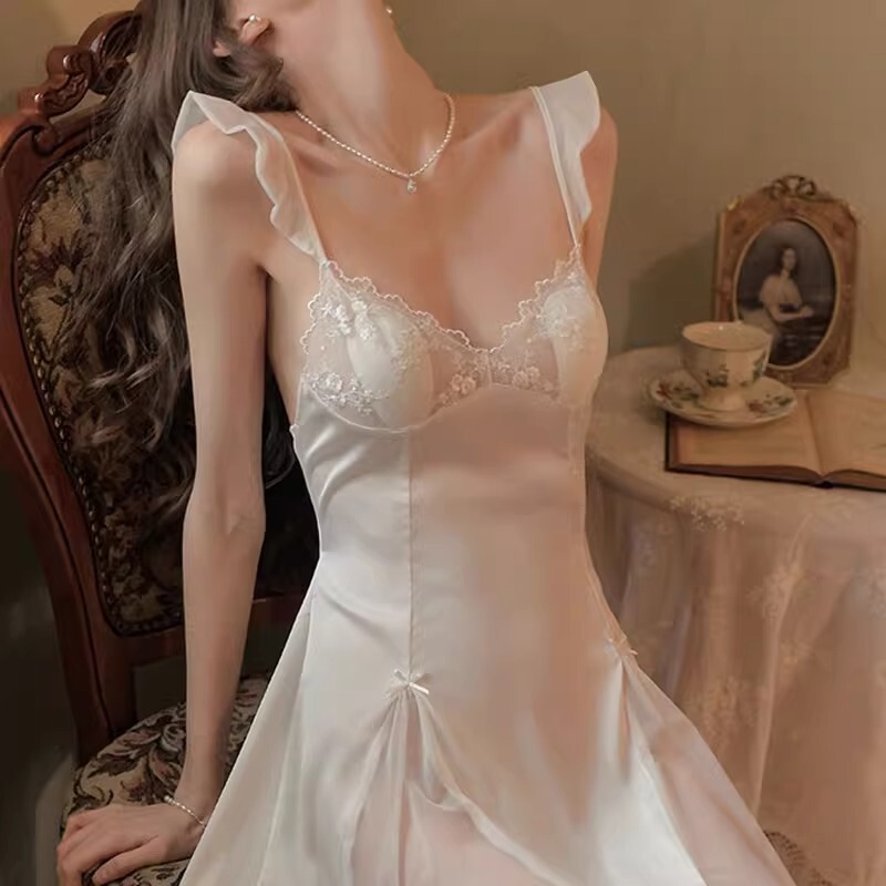 Sexy Women's Summer Thin Nightgown Set with Ice Silk, Chest Pads, and Lace Camisole for a High-End Feel