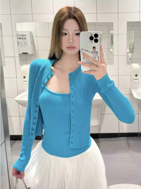 韩系温柔风针织吊带背心开衫两件套装女纯欲甜辣妹修身2025早秋季|undefined