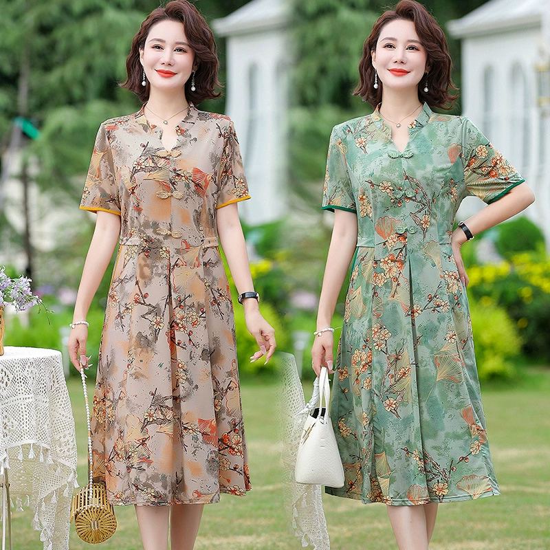 2025 мама летнее платье темпераментный новый цветочный цветок тонкая женщина среднего и пожилого возраста платье среднего и длинного стиля