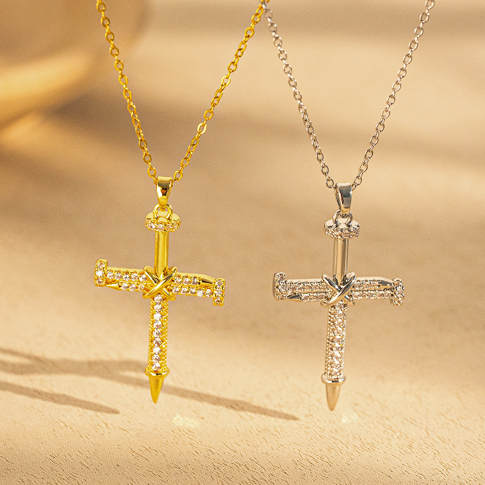 Titanium Steel 18K Gold Plated IG Style Simple Style Cross Inlay Zircon Pendant Necklace display picture 1