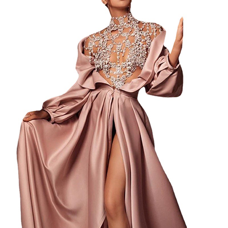 Vestido de Noche Rosa de Cintura Alta para Mujer, Estilo Europeo y Americano, para Fiestas, Sexy, con Abertura, Elegante, Verano 2025