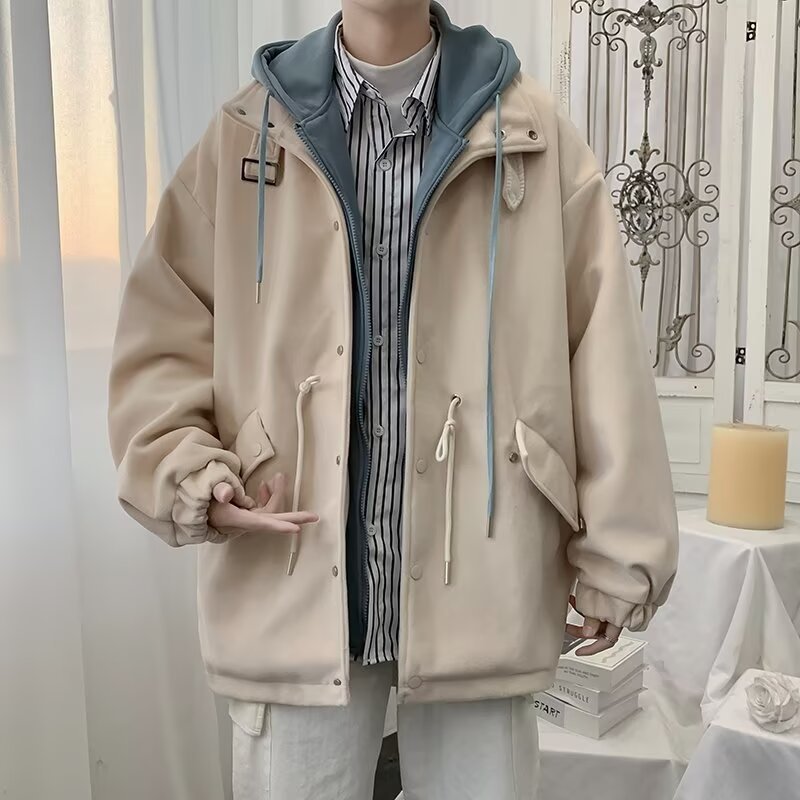 남성과 여성을위한 새로운 가짜 투피스 기모 두꺼운 재킷 가을과 겨울 트렌디 한 십대 남성용 후드 모직 트렁크 코트