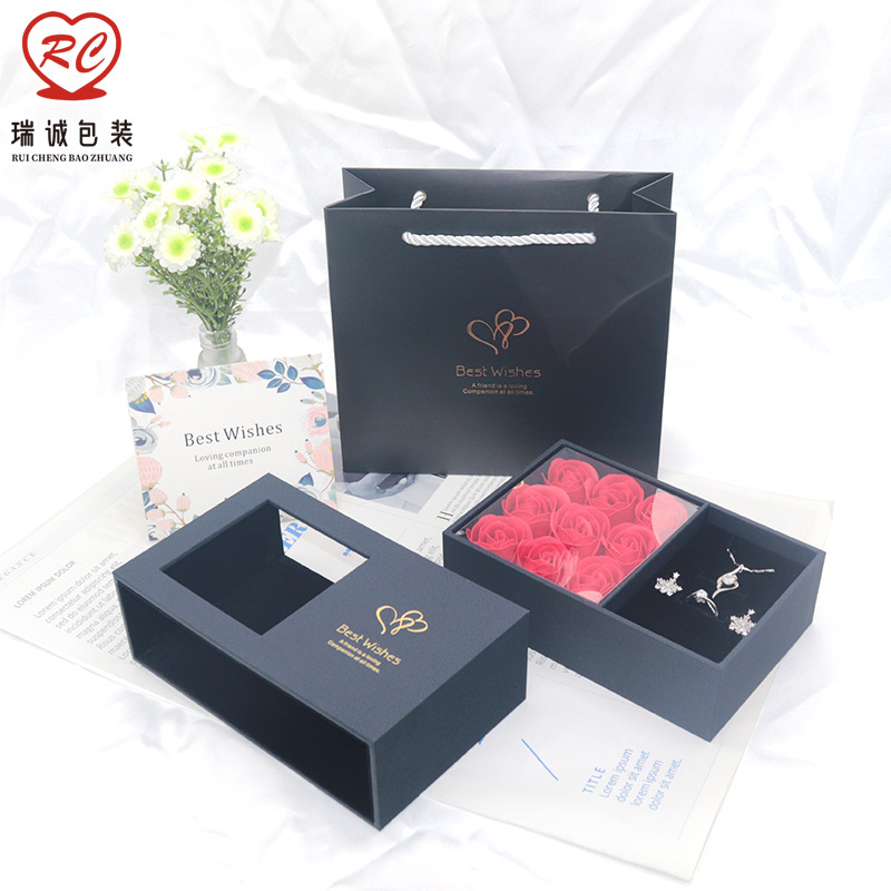 9朵玫瑰花开窗抽拉礼盒 通用包装盒 首饰饰品礼品盒 口红礼盒现货