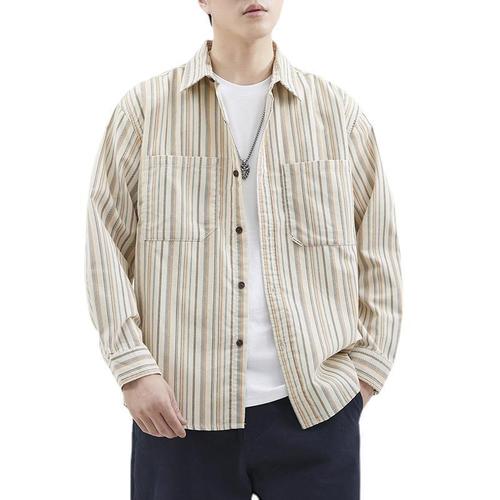 Japanese retro striped flannel long-sleeved shirt for men, long-sleeved shirt jacket, Instagram-inspired loose couple top, trendy