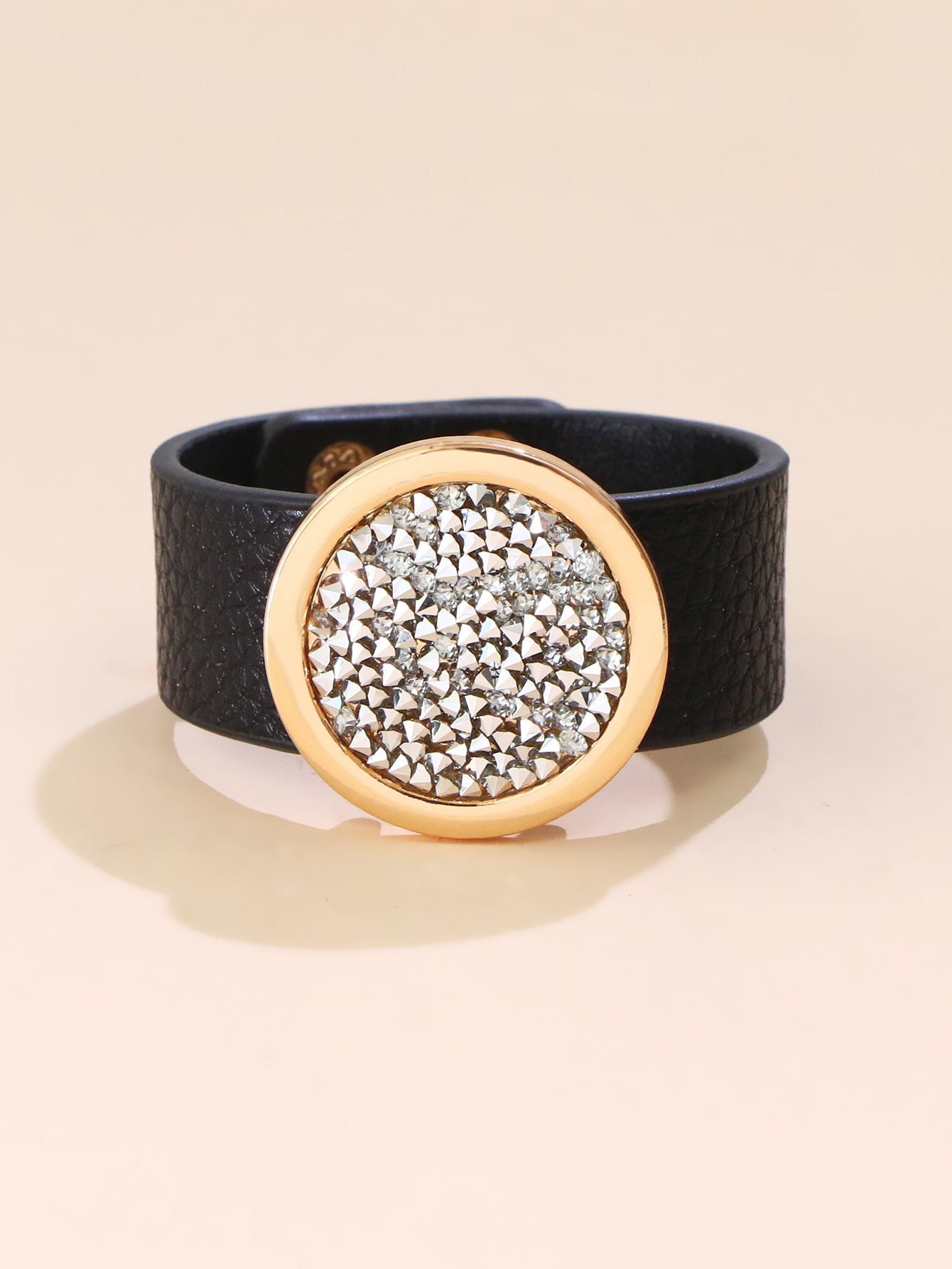 Retro Adjustable Round Metal Bracelet Rhinestone Imitation Leather Bracelet