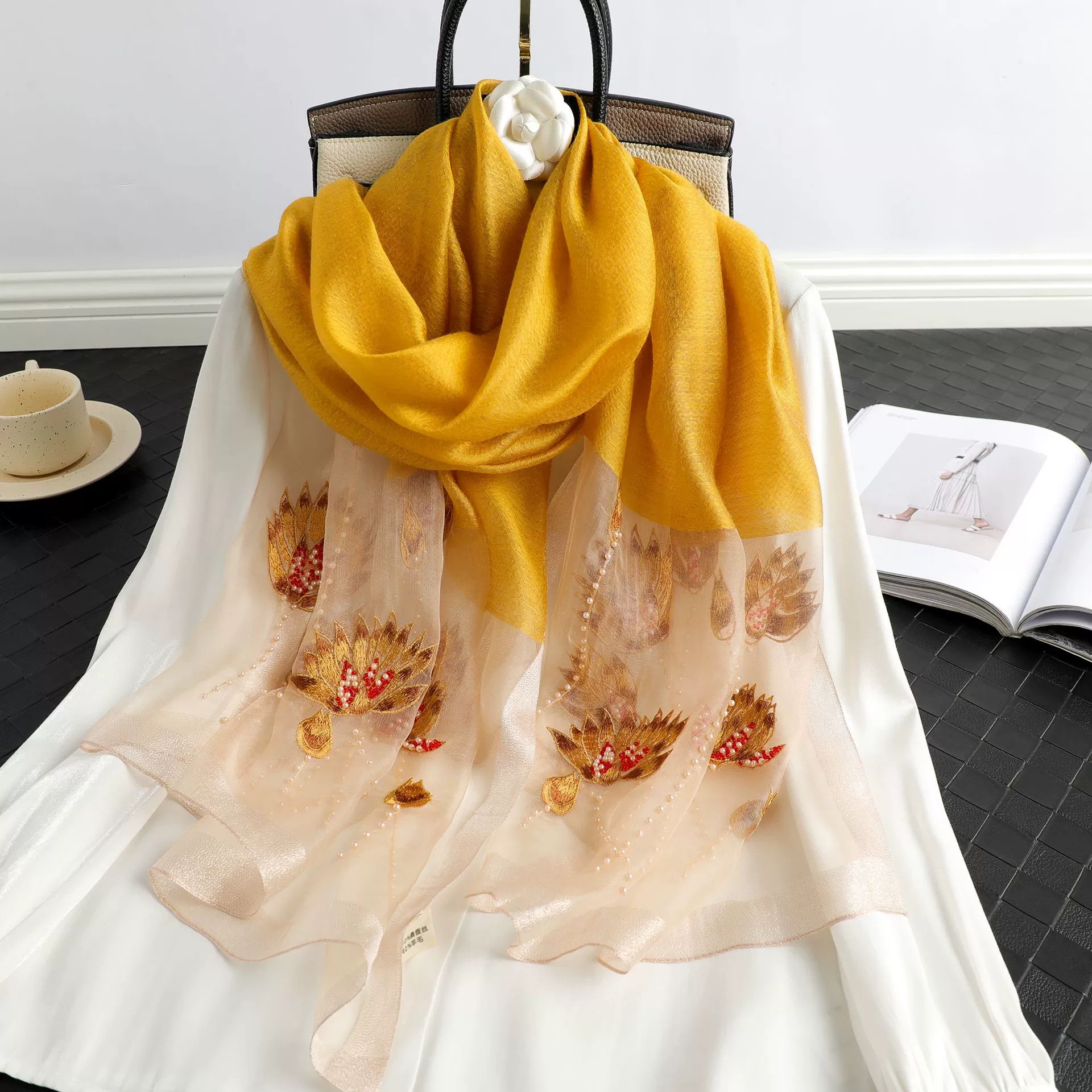Silk scarf handmade, with embroidery, thin weaving