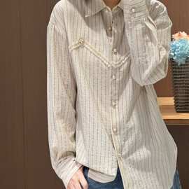 重工钉珠亚麻条纹衬衣特制金属扣宽松版型长袖上衣16