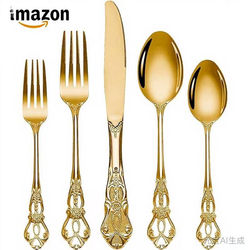 Christmas Gorgeous Vintage Royal Stainless Steel 5-Piece Cutlery Set Silverware Set, Cutlery Includes Forks, Spoons, and Knives