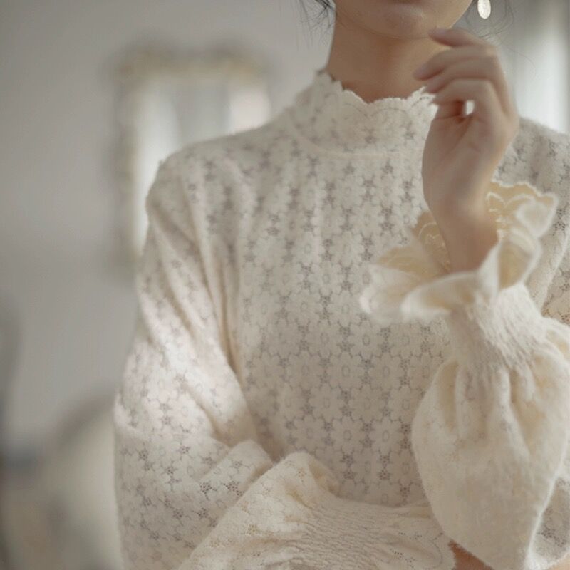 Fleece-lined Thickened Half-high Collar Lace Bottoming Shirt For Women