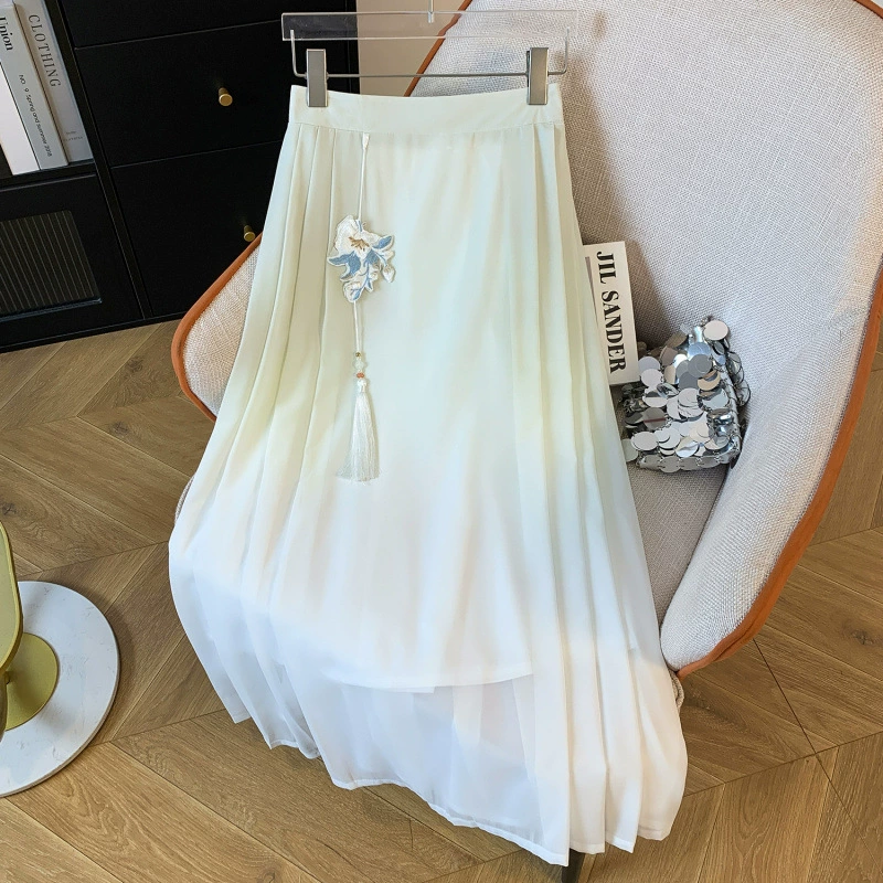 Настоящая фотография новой элегантной темпераментной китайской стильной летней высококачественной универсальной марлевой юбки с кисточками в национальном стиле, полуюбки