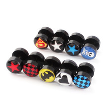 欧美 10mm大双头滴油骷髅图案五角星超人亚克力耳钉耳扣批发AD42