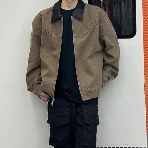 American retro washed lapel work coat for women's new spring style loose design niche men's jacket
