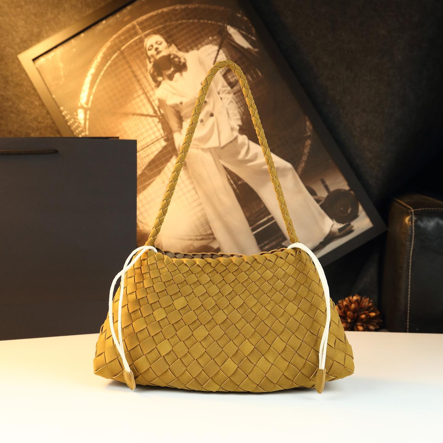 Túi bucket nữ dây rút da thật phong cách retro — Màu nâu, nhũ hoa