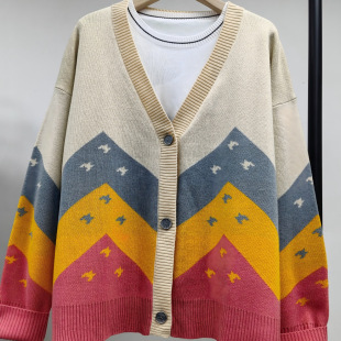 2025 New Houndstooth Jacquard Knit Cardigan for Women, Vintage Loose-Fitting Long-Sleeve Outerwear