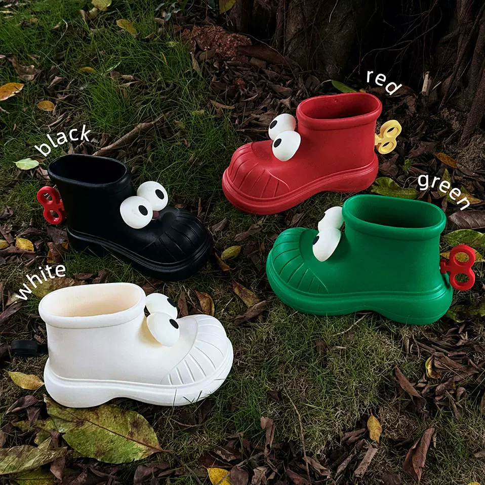 Четырехсезонные универсальные женские уличные водонепроницаемые забавные туфли с круглым носком и большими глазами, резиновые сапоги, модные девчачьи резиновые сапоги