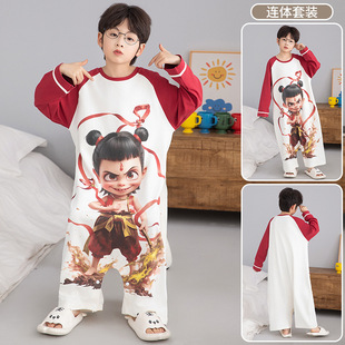 Children's One-body Pajamas Boys Nezha 2025 New Spring and Autumn Long Sleeve Cotton Boys Anti-kick Sleeping Bag Home Clothes