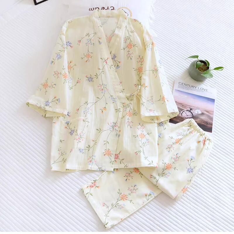 Fresh floral kimono tethered pajamas slanting women's spring and summer thin double-layer gauze short-sleeved shorts trousers suit