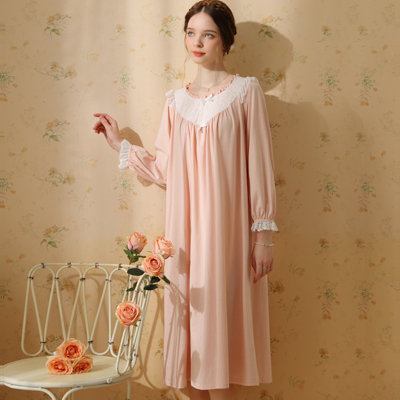 Nightdress Girl Long Sleeve Long Solid Color Cotton Palace Princess Style Lace Sweet Dress 2023 Autumn and Winter New