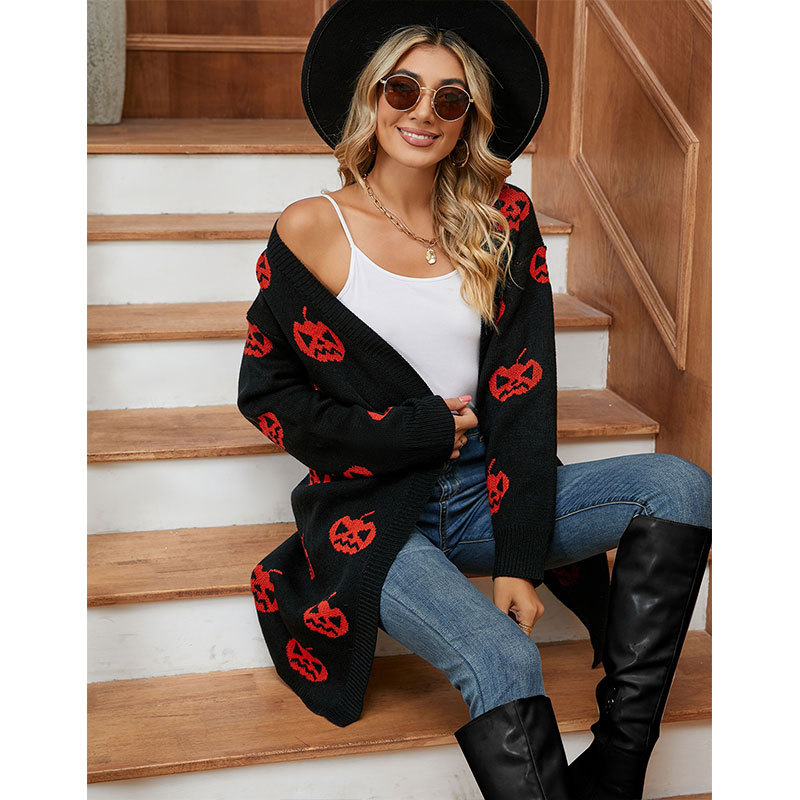 Long Sleeve Sleeve Length Wholesale Women's Casual Streetwear Halloween Pattern Long Sleeve Jacquard Sweaters & Cardigans