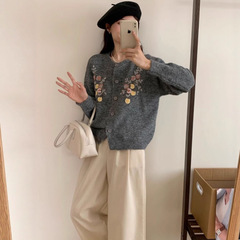 设计感立体绣花圆领针织衫女2025春秋新款韩系慵懒风叠穿洋气外搭