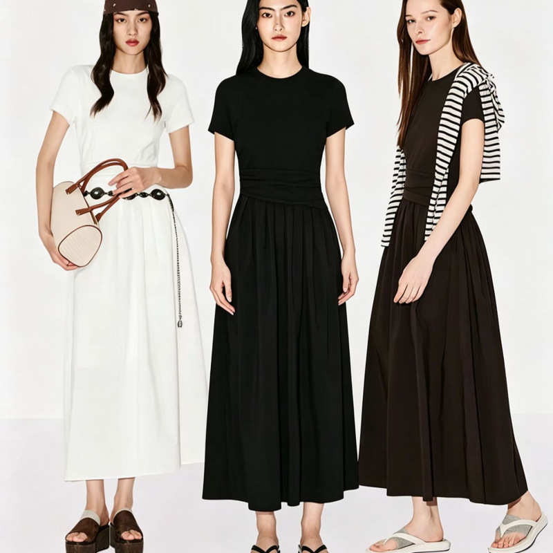 Yun Niu Lan Yue Oulitong Style High-Thread-Count Cotton 3D Pleated Waist-Cinching Dress, Round Neck Short-Sleeve A-Line Long Dress for Women