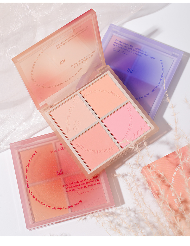 xixi heads to sunset. Four-color blush for contouring and brightening, daily whitening, energetic girl. Peach matte blush makeup undefined