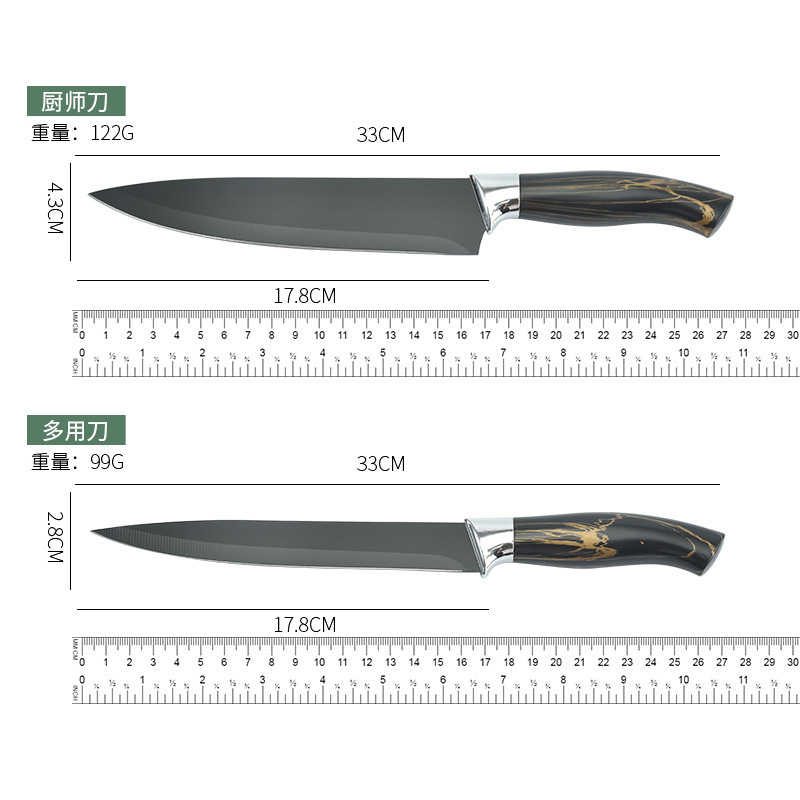 Nuevo cuchillo antiadherente de acero inoxidable estilo occidental cubierto de mango 6 piezas de cuchillo incluido el almacenamiento de cuchillos de cuchillos de cocina de barril al por mayor