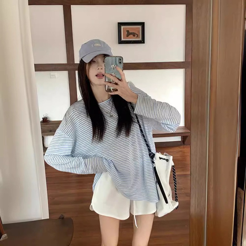 Beware of Backless Strap Blue Striped Long-sleeved T-shirt Women's Summer Thin Loose Top Lazy Sunscreen Blouse