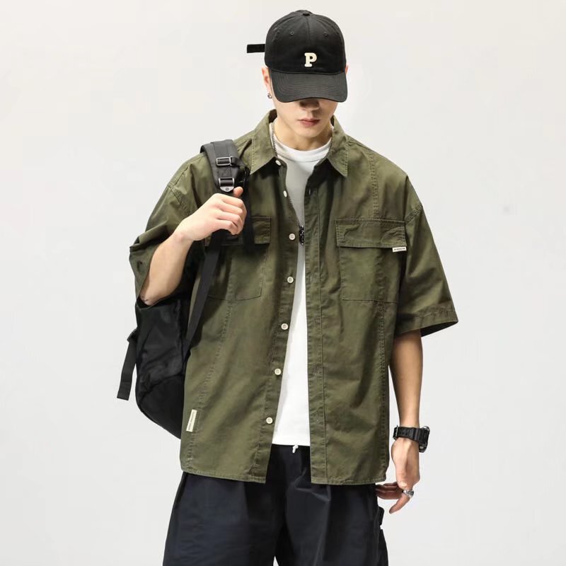 Tooling short-sleeved shirt men's ruffian handsome army green ins tide brand new Japanese style fried street personality half-sleeved shirt