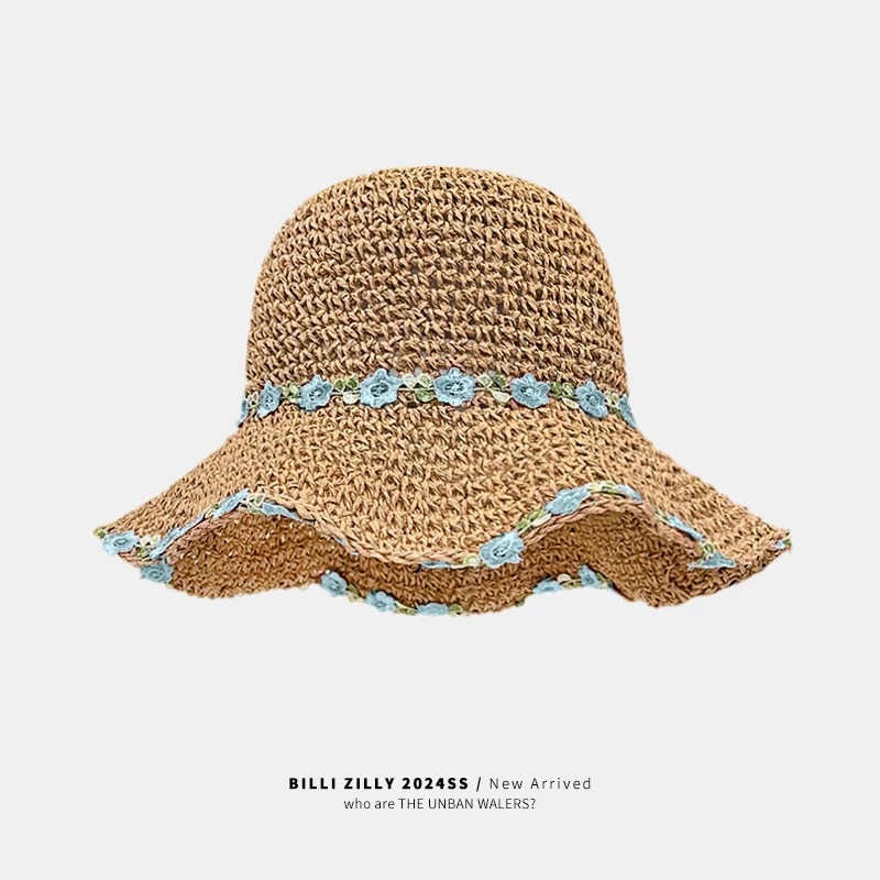잔꽃무늬 밀짚모자 - 카키 블루 테두리