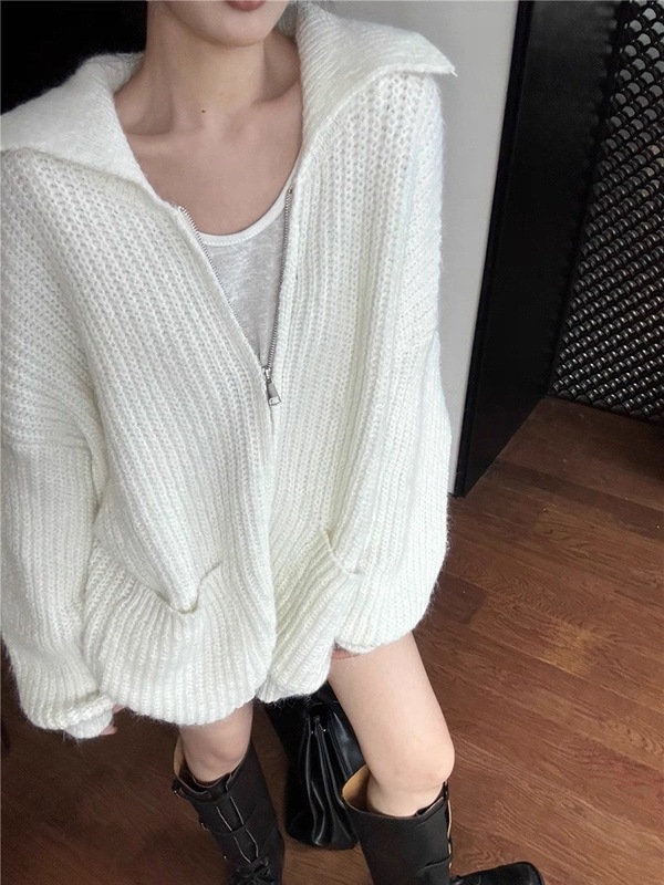 秋冬新款高级感翻领拉链针织开衫女宽松慵懒风软糯加厚毛衣外套潮|undefined