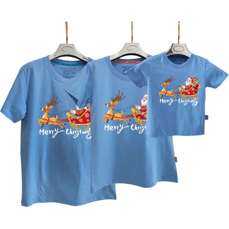 Nueva camiseta de media manga de algodón para padres e hijos de verano 2022 Navidad alces carruaje Santa Claus Día de Año Nuevo ropa de clase