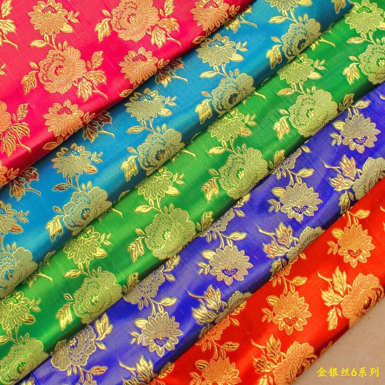 批发演出服汉服古装面料彩金五色玫瑰花织锦缎提花布金银丝提花布