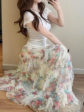 新款釘珠不規則裙擺拼接印花紗裙玫瑰印花蛋糕裙網紗長裙女蓬蓬裙