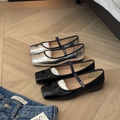 羊皮版~葡萄媽同款字母法式方頭一字帶百搭芭蕾風瑪麗珍鞋女單鞋