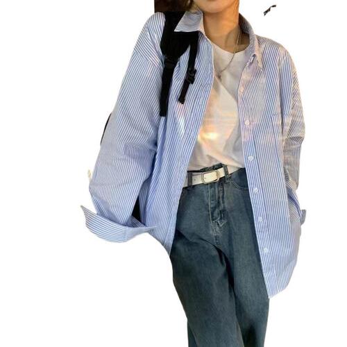 Loose large size blouse Japanese blue striped long-sleeved shirt early autumn new design niche temperament blouse