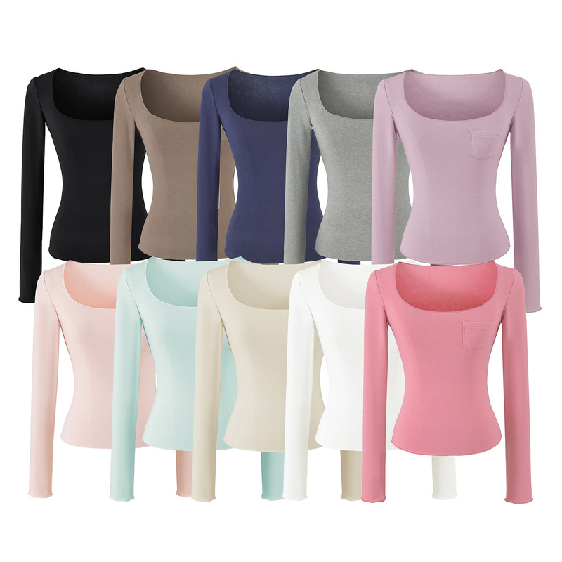 2026 Autumn New Style Hot Girl Round Neck Pocket Long Sleeve T-Shirt Women's Solid Color Slim Fit Short Base Layer Top 2026 Autumn New Style Hot Girl Round Neck Pocket Long Sleeve T-Shirt Women's Solid Color Slim Fit Short Base Layer Top
