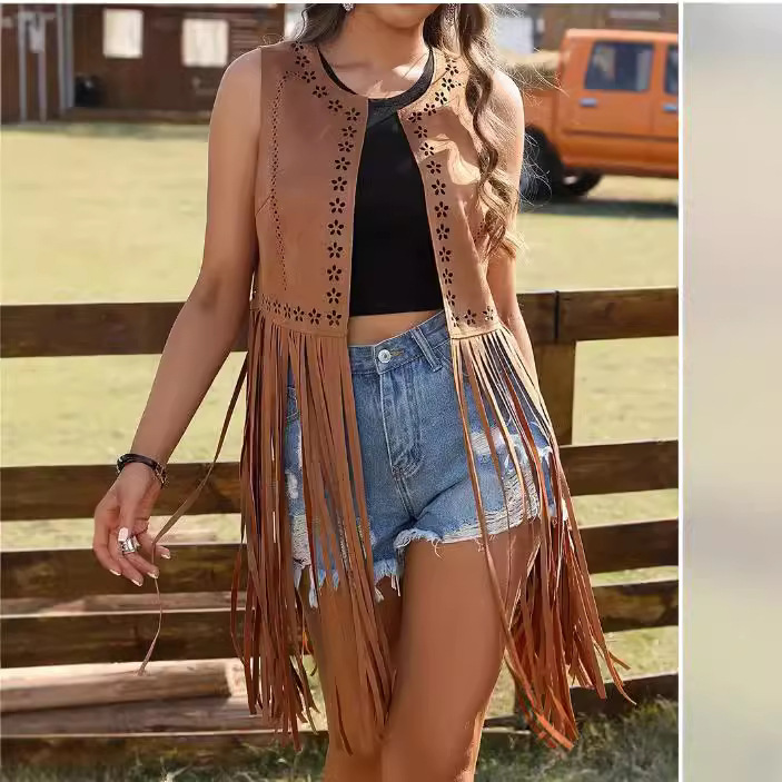 European and American Hippie Eyelet Tassel Sleeveless Vest Women's Slit Tassel Jacket
