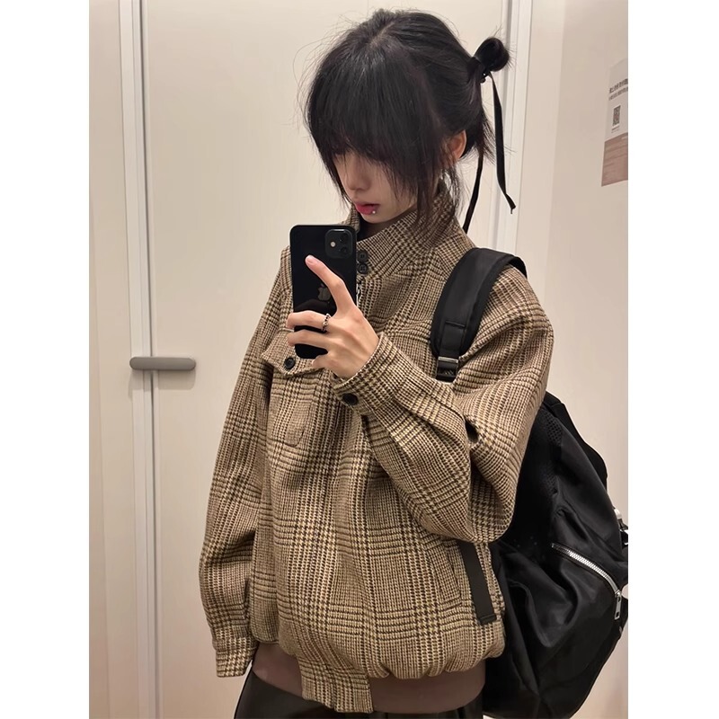 American Houndstooth Harrington Wool Jacket Men's Spring & Fall High-End Short Stand-Up Collar Cleanfit Jacket